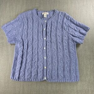 Cherokee Cardigan Women XL Purple Short Sleeve‎ Cable Knit Ramie Cotton Sweater